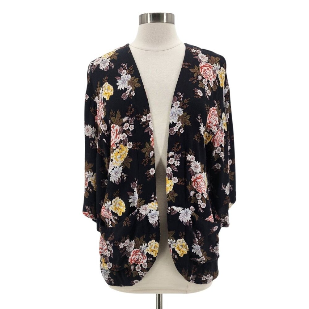 Forever 21 Womens Medium Duster Kimono Floral Black Multicolor Lightweight
